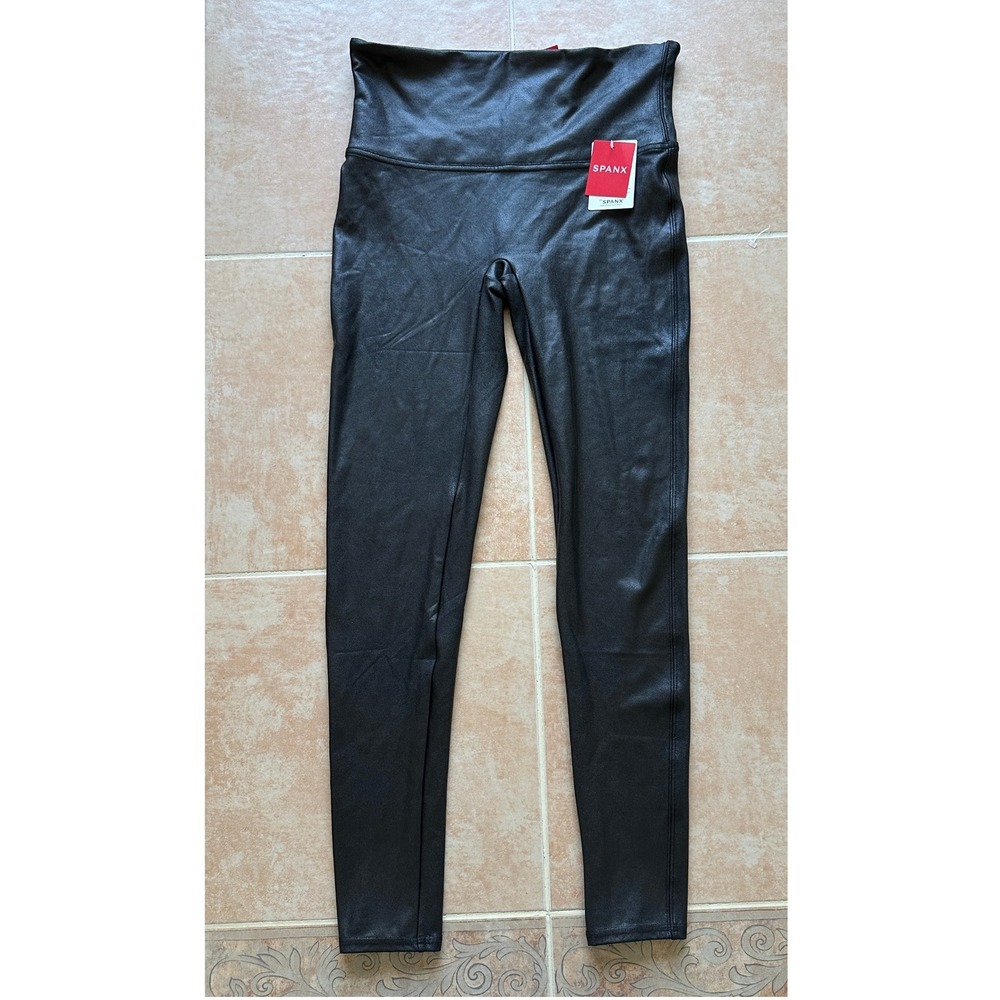 SPANX Faux Leather Leggings High‎ Waisted Tummy Control Black Size: L -NEW